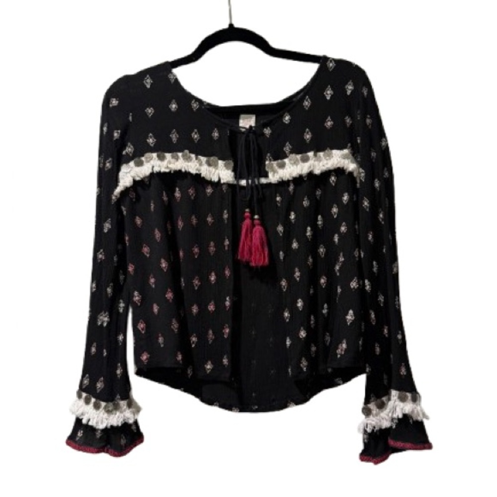 🖤🌺 SURF GYPSY Boho Tie-Front Sweater | Tassels Fringe Ruffles | Sz S‎